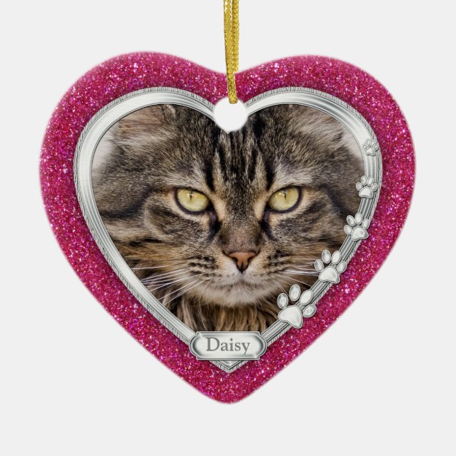 Rosa Silver Heart Pet Cat Memorial Photo Jul Julgransprydnad Keramik (Framsidan)