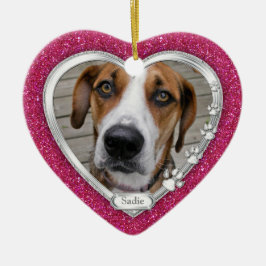 Rosa Silver Heart Pet Hund Memorial Photo jul Julgransprydnad Keramik