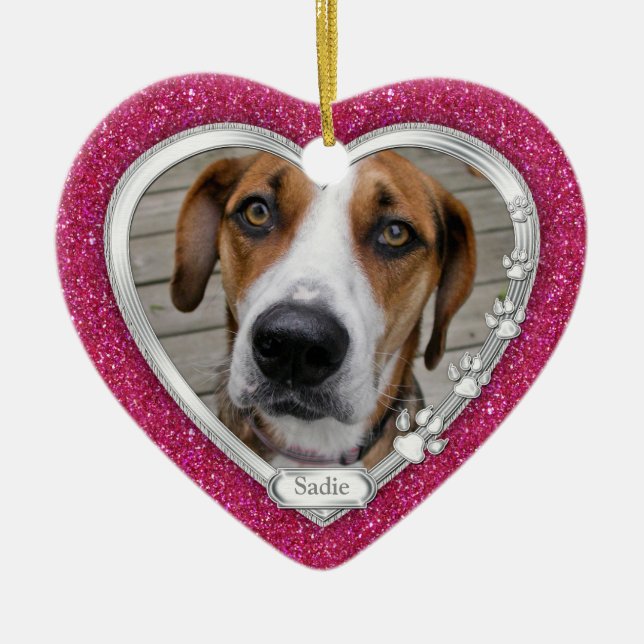 Rosa Silver Heart Pet Hund Memorial Photo jul Julgransprydnad Keramik (Framsidan)