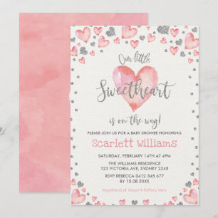 Rosa Silver Hearts SweBaby Baby Shower Inbjudningar