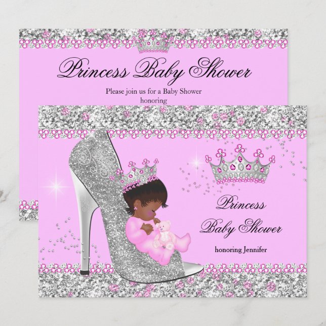 Rosa Silver High Heel Princess Baby Shower Ethnic Inbjudningar (Fram/baksida)