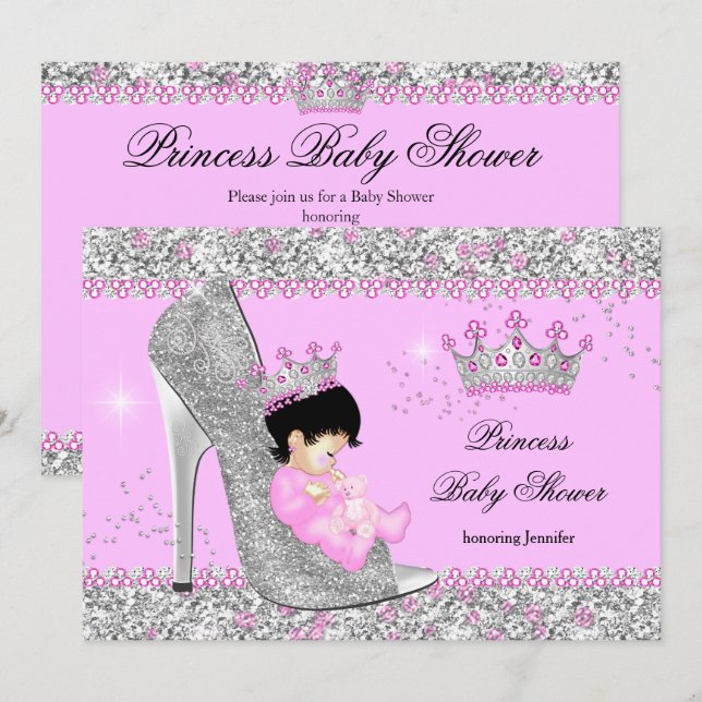 Rosa Silver High Heel Princess Baby Shower Tiara Inbjudningar (Fram/baksida)