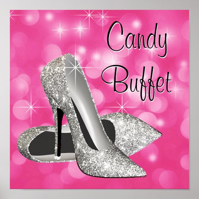 Rosa Silver High Heel Shoe Candy Buffet Sign Poster (Framsidan)
