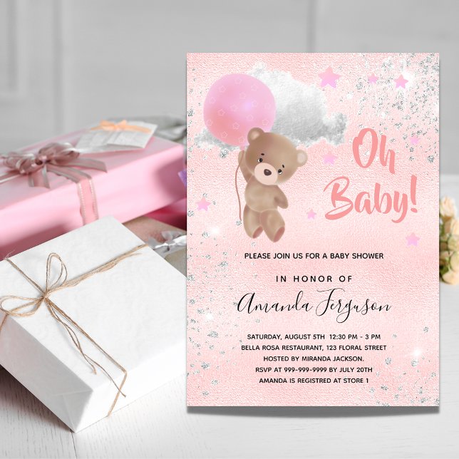 Rosa silver inbjudan till babydusch-nallen (Skapare uppladdad)