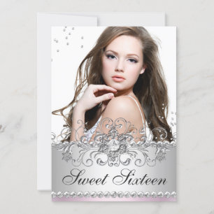 Rosa & Silver Jewel Snöflinga Virvel Sweet 16 Foto Inbjudningar