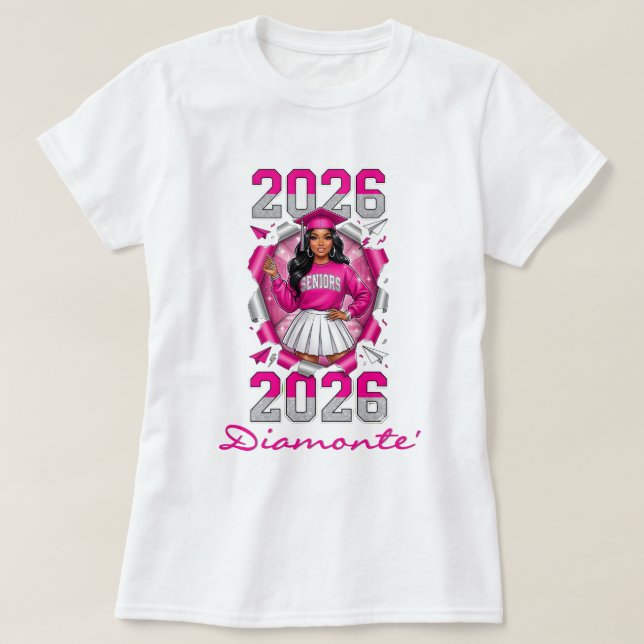 Rosa & Silver Klass 2026 Studentexamen T Shirt (Design framsida)