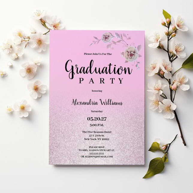 Rosa silver lavender glitter Studenten Inbjudningar (Pink silver lavender glitter flower Graduation)