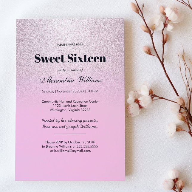 Rosa silver lavender gradient glitter Sweet 16 Inbjudningar (Pink silver lavender gradient glitter Sweet 16 )