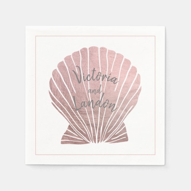 Rosa Silver Metallic Seashell Namn Beach Wedding Pappersservett (Framsidan)