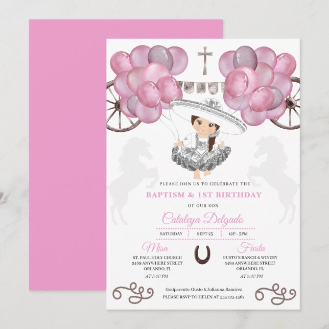 Rosa Silver Mexikanska Baby Charra Blegons Baptism Inbjudningar (Fram/baksida)
