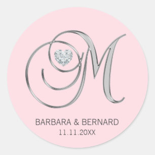 Rosa Silver Monogrammed Brev M Bröllop Runt Klistermärke