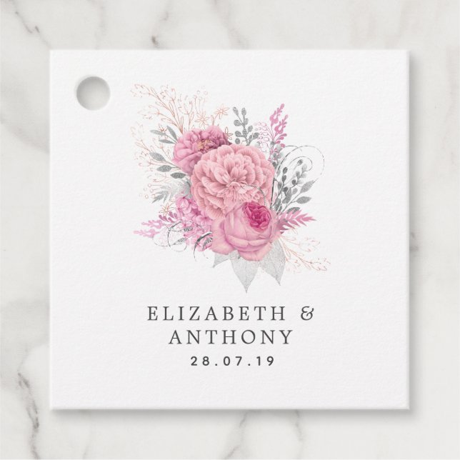 Rosa, Silver och vit Blommigt Bröllop Gåvor Etiketter (Framsida)