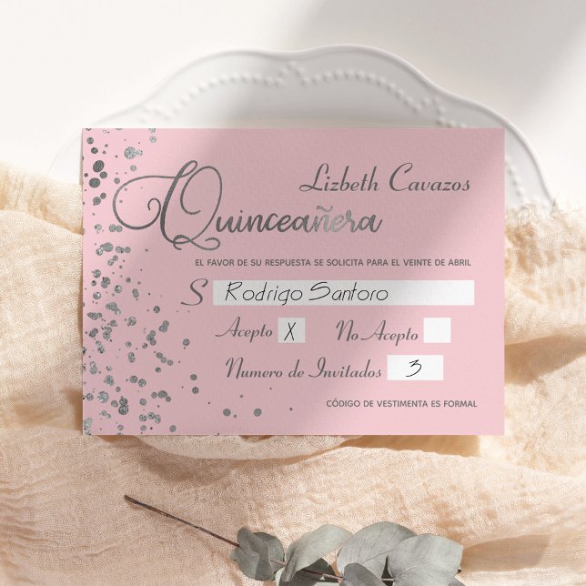 Rosa Silver OSA Quinceanera Spanska svarskort Inbjudningar (Skapare uppladdad)