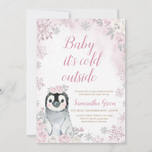 Rosa Silver Penguin Baby Shower Inbjudningar