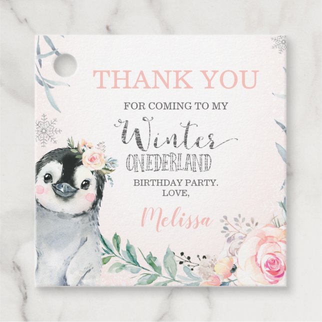 Rosa Silver Penguin Winter Onederland Födelsedag Gåvor Etiketter (Framsida)