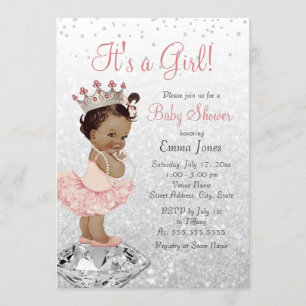 Rosa Silver Princess African American Baby Shower Inbjudningar