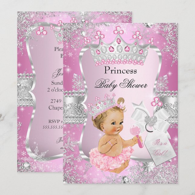 Rosa Silver Princess Baby Shower Blonde Girl Inbjudningar (Fram/baksida)
