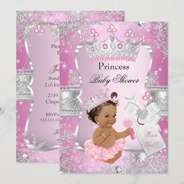 Rosa Silver Princess Baby Shower Brunette Girl Inbjudningar (Fram/baksida)