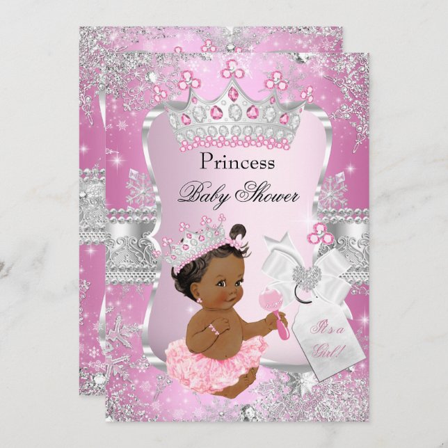 Rosa Silver Princess Baby Shower Ethnic Inbjudningar (Fram/baksida)