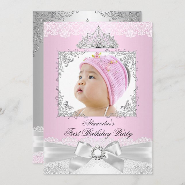 rosa & Silver Princess Girl First Födelsedagsfest Inbjudningar (Fram/baksida)