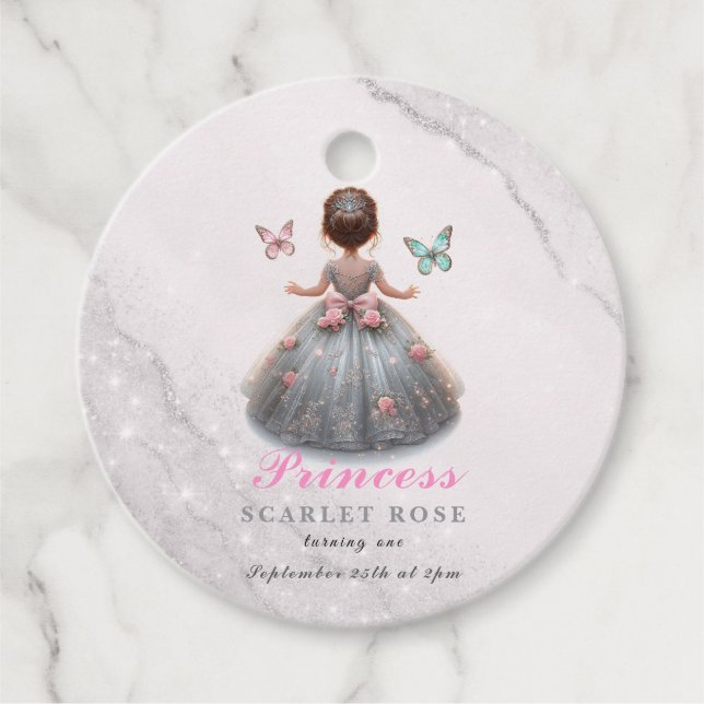 Rosa silver princess gown Fairytale födelsedagsfes Gåvor Etiketter (Framsida)