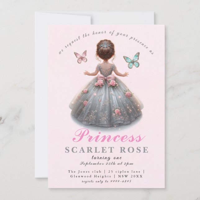 Rosa silver princess gown Fairytale födelsedagsfes Inbjudningar (Framsida)