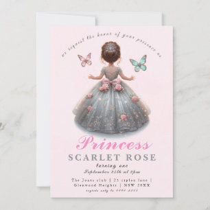 Rosa silver princess gown Fairytale födelsedagsfes Inbjudningar