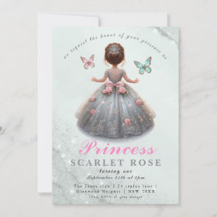 Rosa silver princess gown Fairytale födelsedagsfes Inbjudningar