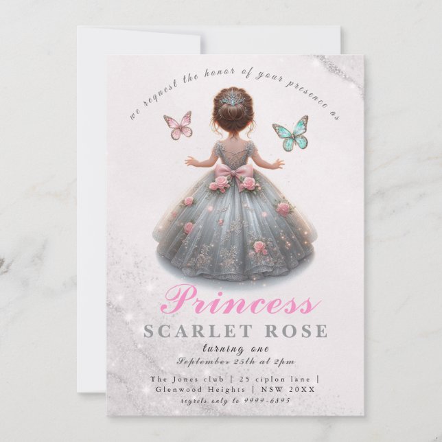 Rosa silver princess gown Fairytale födelsedagsfes Inbjudningar (Framsida)