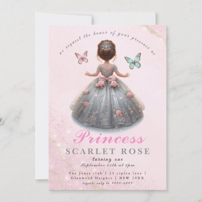 Rosa silver princess gown Fairytale födelsedagsfes Inbjudningar (Framsida)