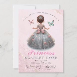 Rosa silver princess gown Fairytale födelsedagsfes Inbjudningar