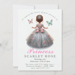 Rosa silver princess gown Fairytale födelsedagsfes Inbjudningar