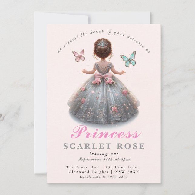 Rosa silver princess gown Fairytale födelsedagsfes Inbjudningar (Framsida)