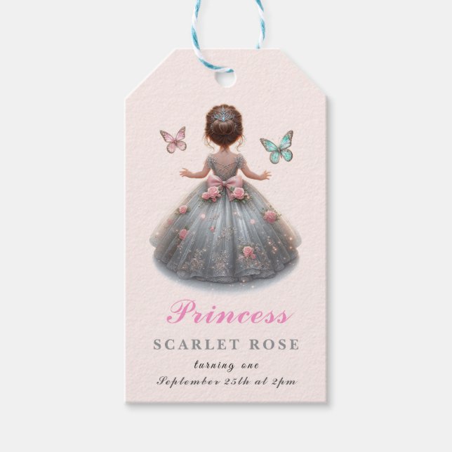 Rosa silver princess gown Fairytale födelsedagsfes Presentetikett (Framsidan)