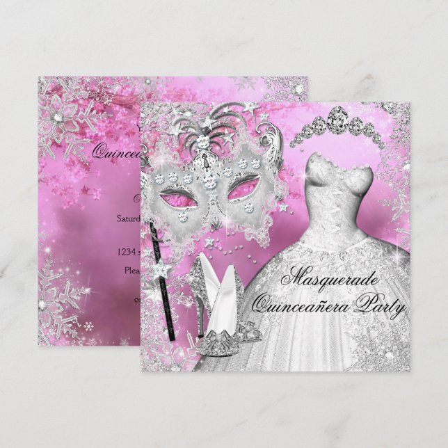 Rosa Silver Princess Quinceanera Masquerade Inbjudningar (Fram/baksida)