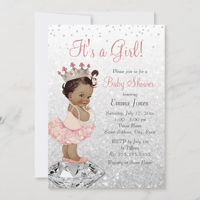 Rosa Silver Prinsessa Afroamerikansk Bebis Shower Inbjudningar (Framsida)