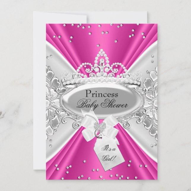 Rosa Silver Prinsessa Tiara Bebis Bjudan Inbjudningar (Framsida)