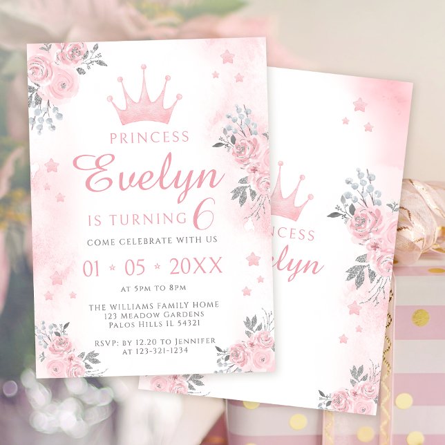 Rosa silver prinsessans födelsedagsinbjudan inbjudningar (Skapare uppladdad)