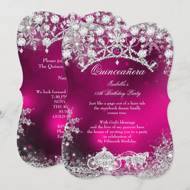 Rosa silver Quinceanera 15:e Vintervonderland Inbjudningar (Fram/baksida)