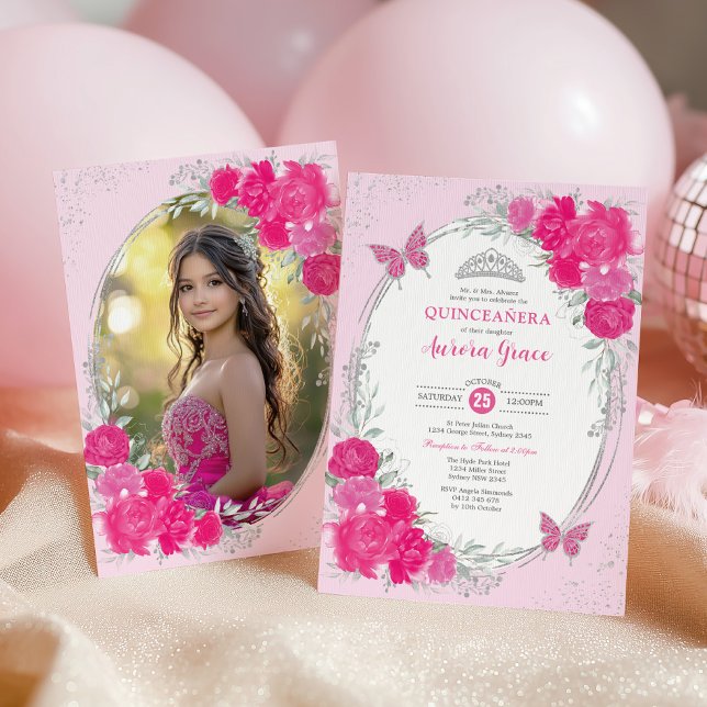 Rosa Silver Quinceañera Blomma 15-års Födelsedagsf Inbjudningar (Skapare uppladdad)