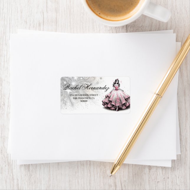 Rosa & Silver Quinceañera Girl Adressetikett (Insitu)