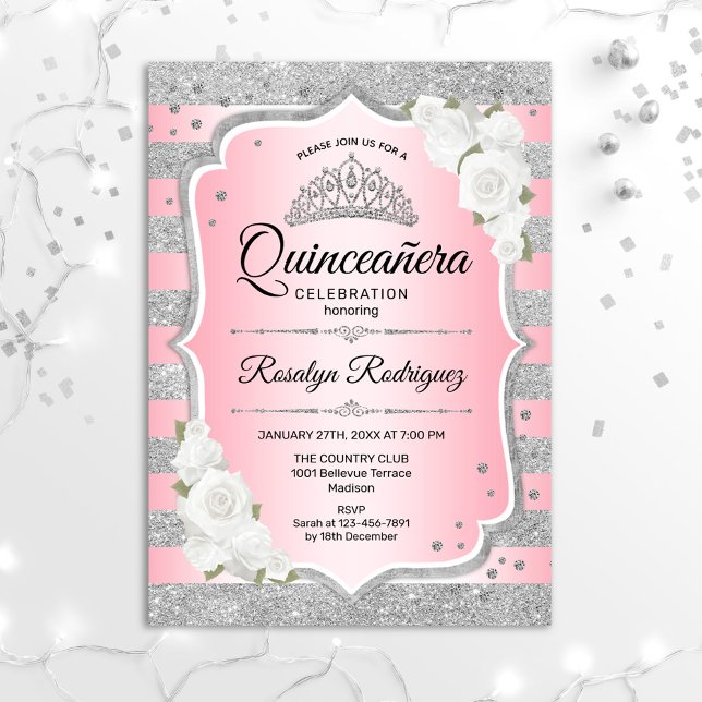  Rosa Silver Quinceanera Inbjudningar (Skapare uppladdad)