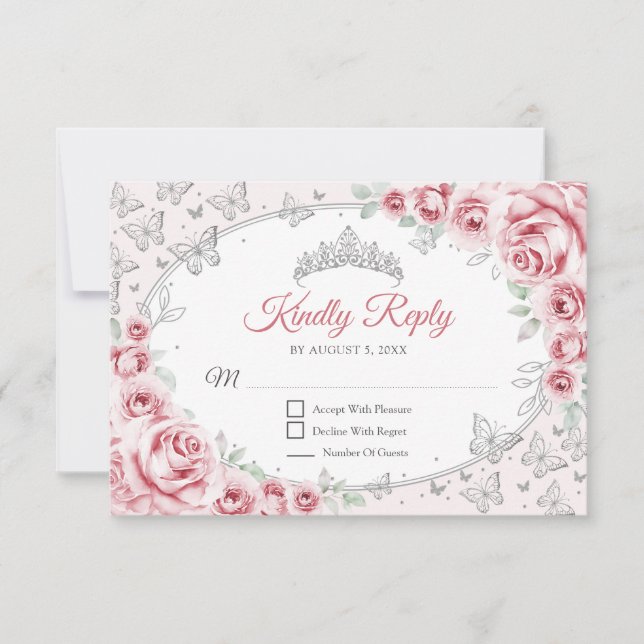 Rosa Silver Quinceanera-svar OSA Kort (Framsida)