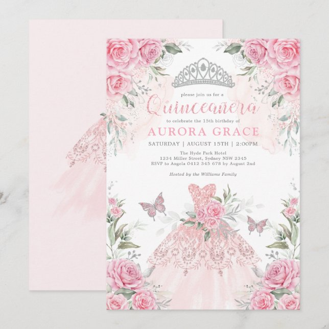 Rosa Silver Ro Princess Krona Quinceañera Inbjudningar (Fram/baksida)