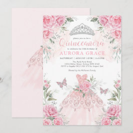 Rosa Silver Ro Princess Krona Quinceañera Inbjudningar