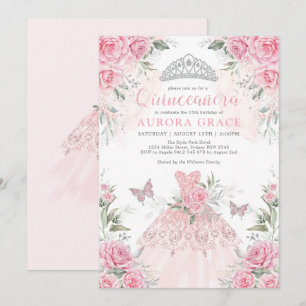 Rosa Silver Ro Princess Krona Quinceañera Inbjudningar
