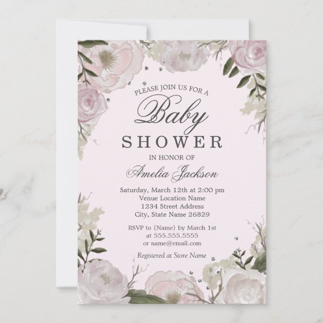 Rosa Silver Ros Blommig Baby Shower Inbjudningar (Framsida)