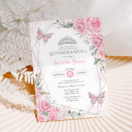 Rosa Silver Rosor Fjäril Quinceañera Födelsedag Inbjudningar