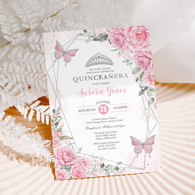 Rosa Silver Rosor Fjäril Quinceañera Födelsedag Inbjudningar (Skapare uppladdad)