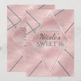 Rosa & Silver Satin Glans Glamour Söt 16 Fests Inbjudningar